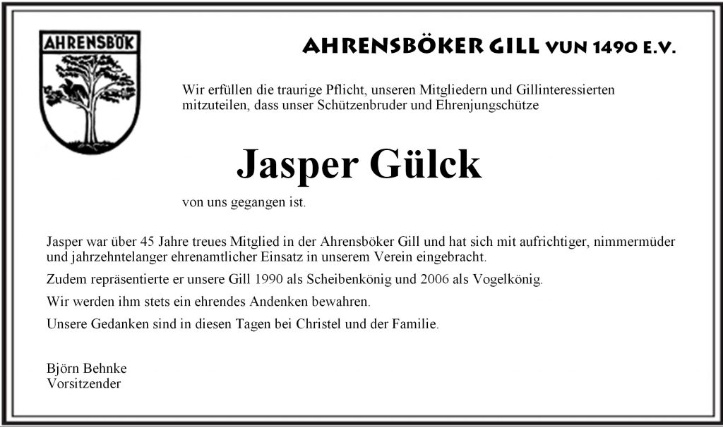 Traueranzeige Jasper Gülck
